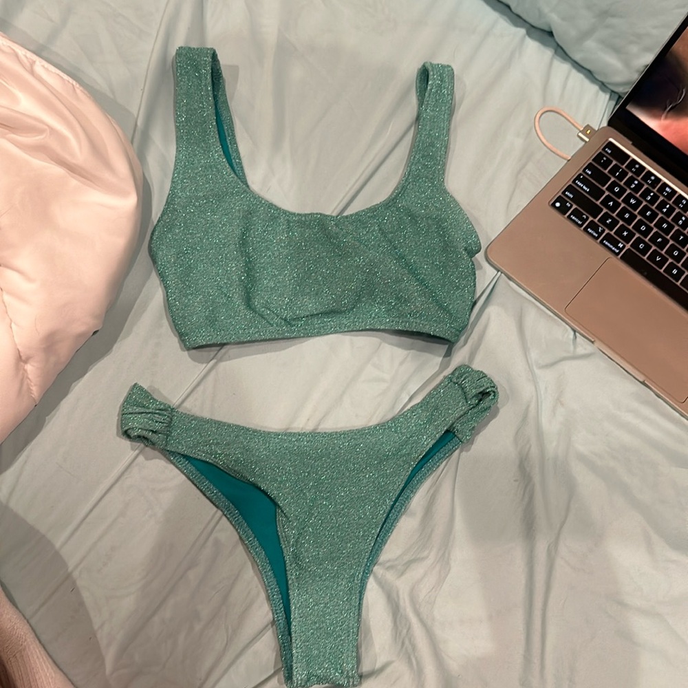 Boohoo green sparkly bikini